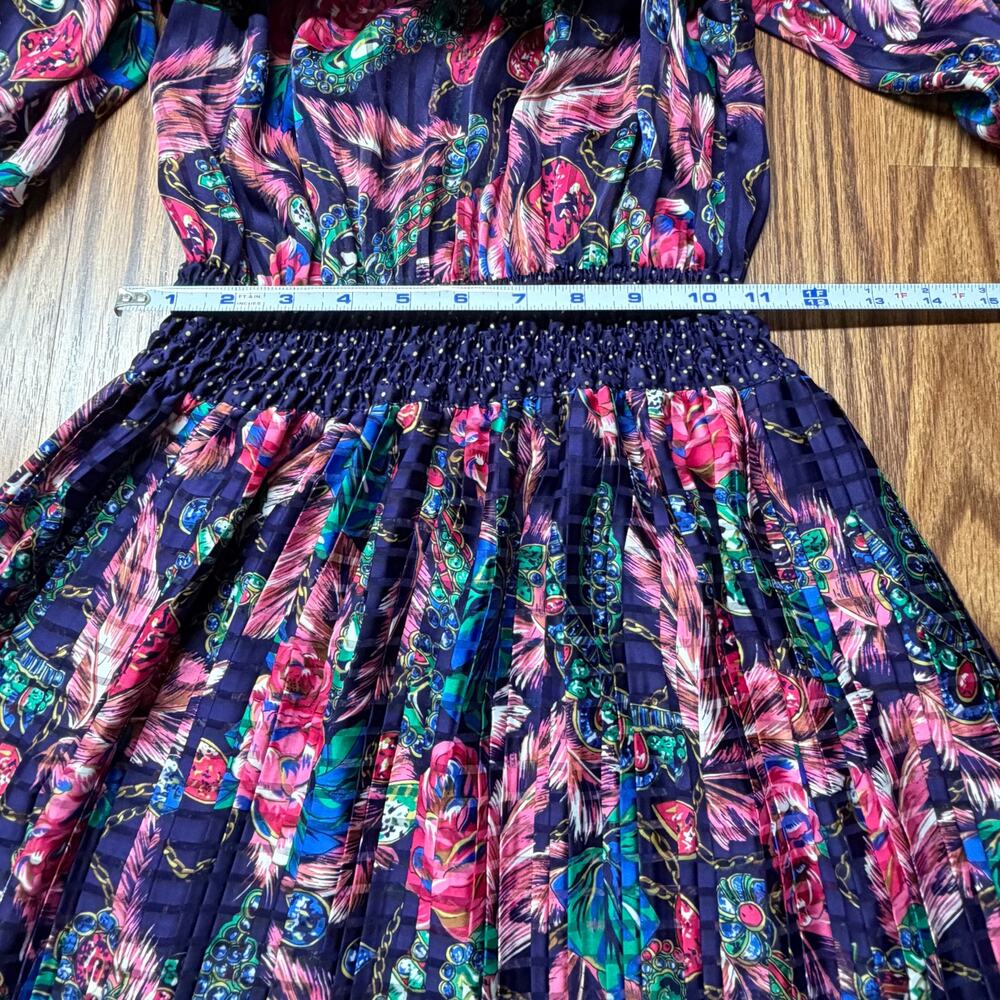Vintage 80s Diane Freis Style Pleated Floral Jewel Midi Dress SzM Maximalist - Picture 6 of 8